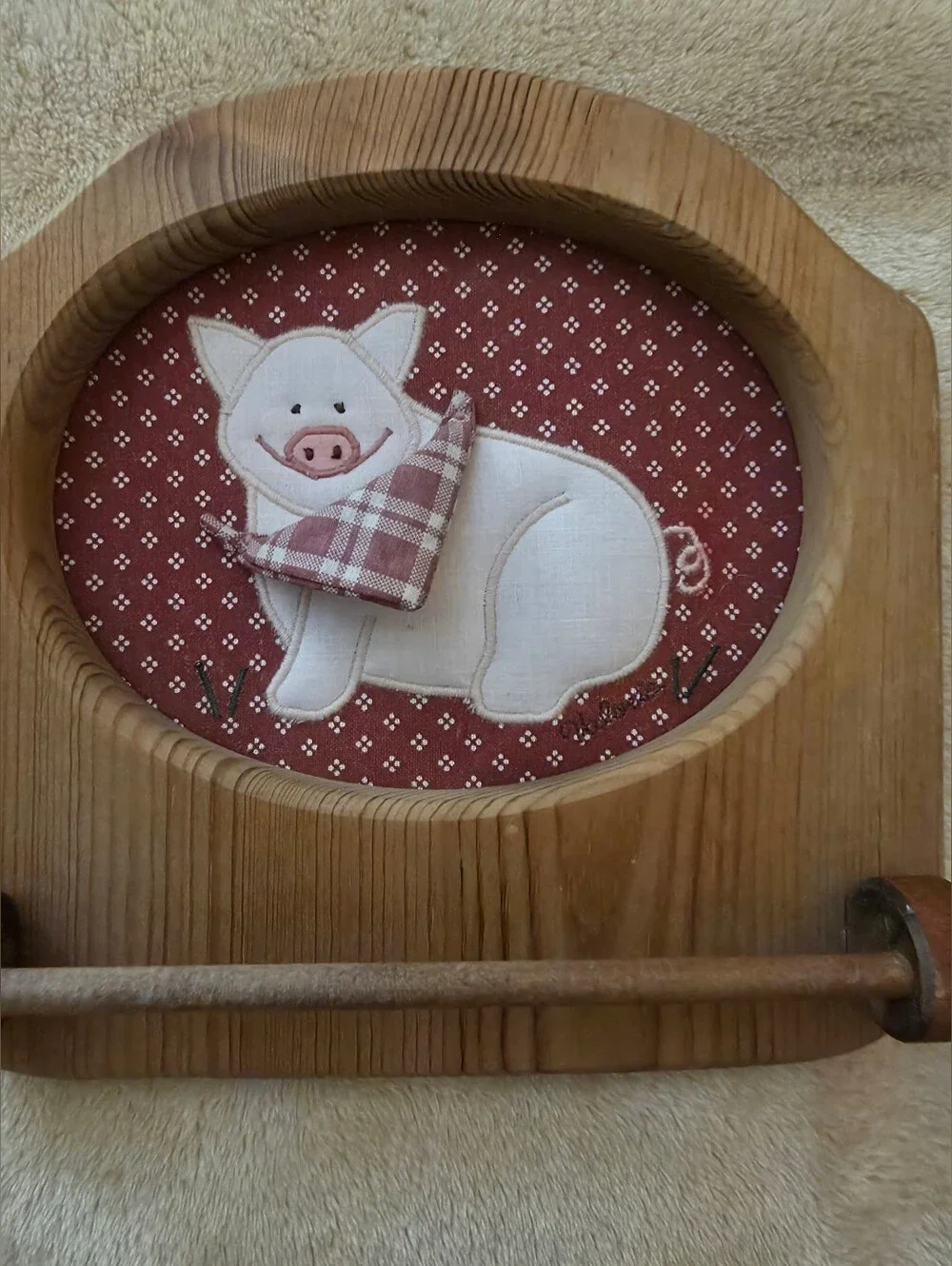 Vintage 1980s Wall Mounted Wooden Towel Holder Floral Fabric Pig Design